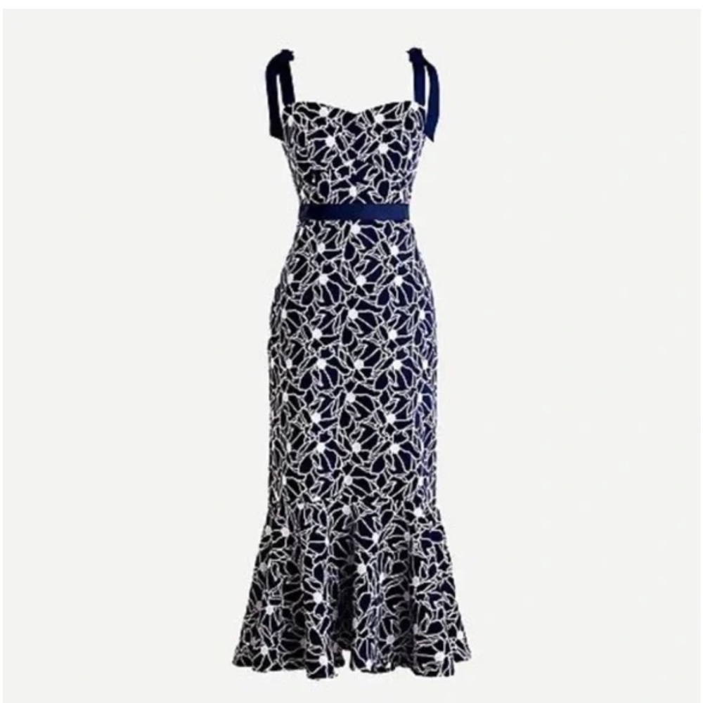 J. Crew Embroidered Eyelet Flounce Hem Midi Dress Navy White 4 NWT Cocktail Chic